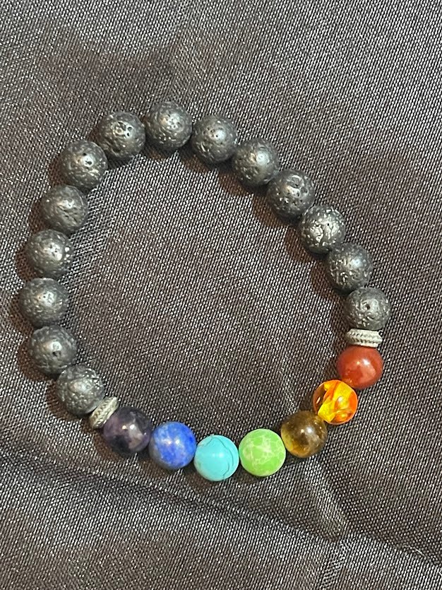 Elevate your jewelry collection with the charm of the Chakra Bracelet featuring Lava Beads and Gears for Spacers, a fashionable and spiritually meaningful choice at KJsKrystals, LLC.